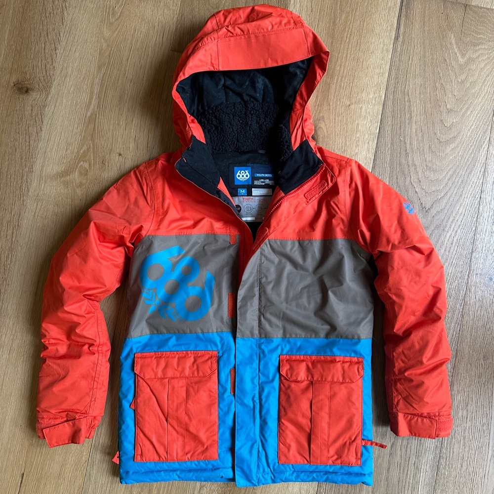 686 Boys Elevate Insulated Jacket- Red/Orange, Khaki and Blue Hooded Jacket